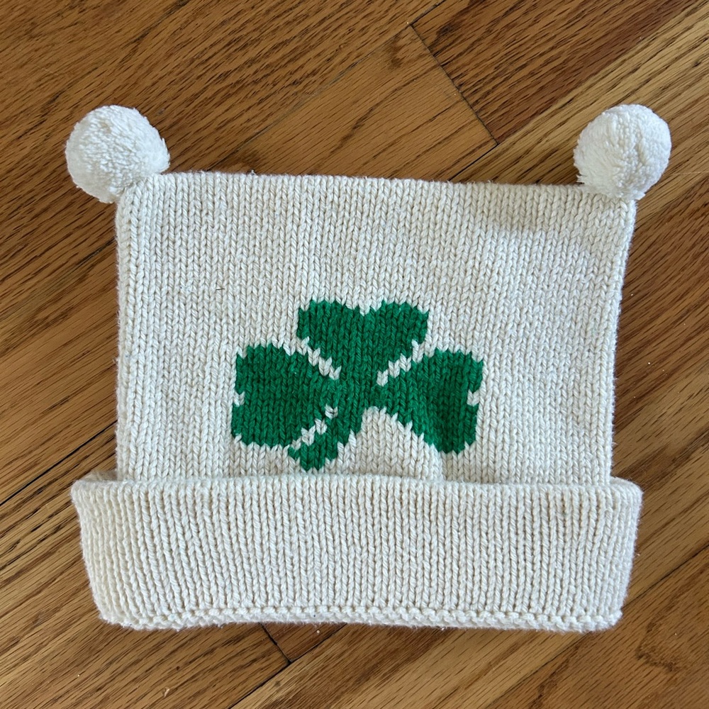 Claver Cream Knit Hat with Green Shamrock